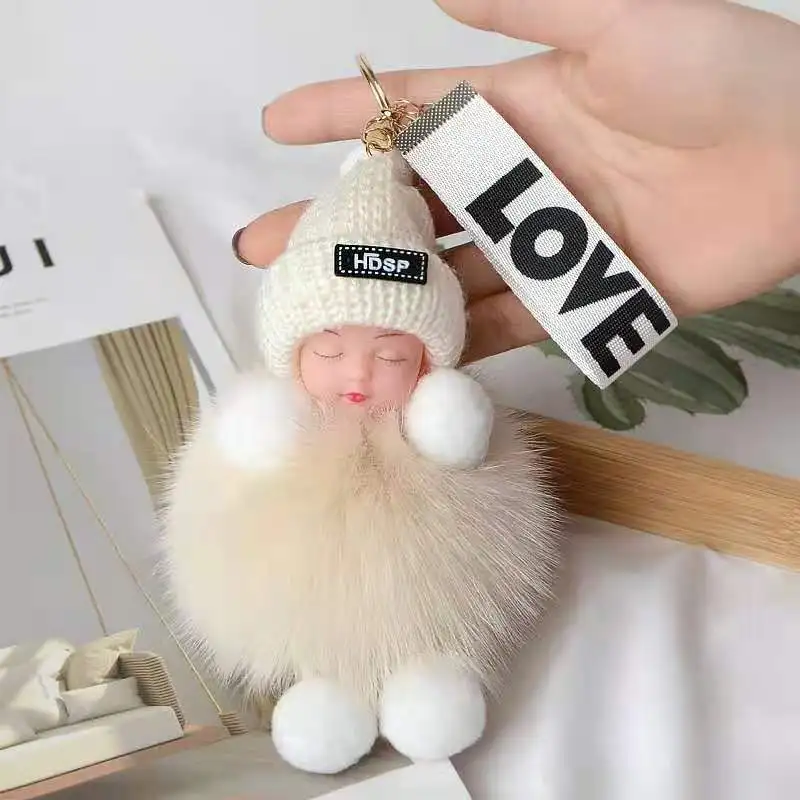 Wholesale Puff Ball Real Fox Fur Ball Pendant Key Chain Cute Sleeping Doll Plush Accessories Car KeyRing Pompom