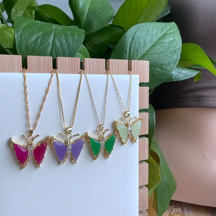 Jialin 2021ins natural 4colors purple jade stone middle butterfly pendant for women girls necklace