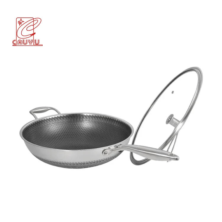 Direct Factory 316 Honeycomb Non-stick Wok Tri-ply Stainless Steel Full Screen Fry Pan With Glass Lid