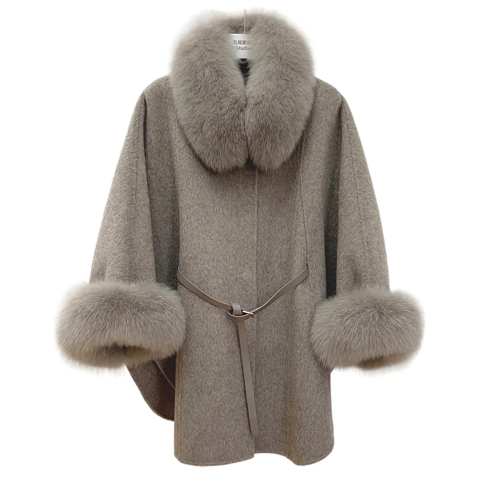 ZDFURS * 2023 новый высококачественный меховой воротник из меха лисы двухсторонний шерстяной плащ шаль пальто женская зимняя кашемировая