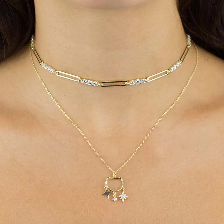 Gemnel gold vermeil 925 sterling silver  paper clip chain CZ diamond necklace with cubic zircon for women