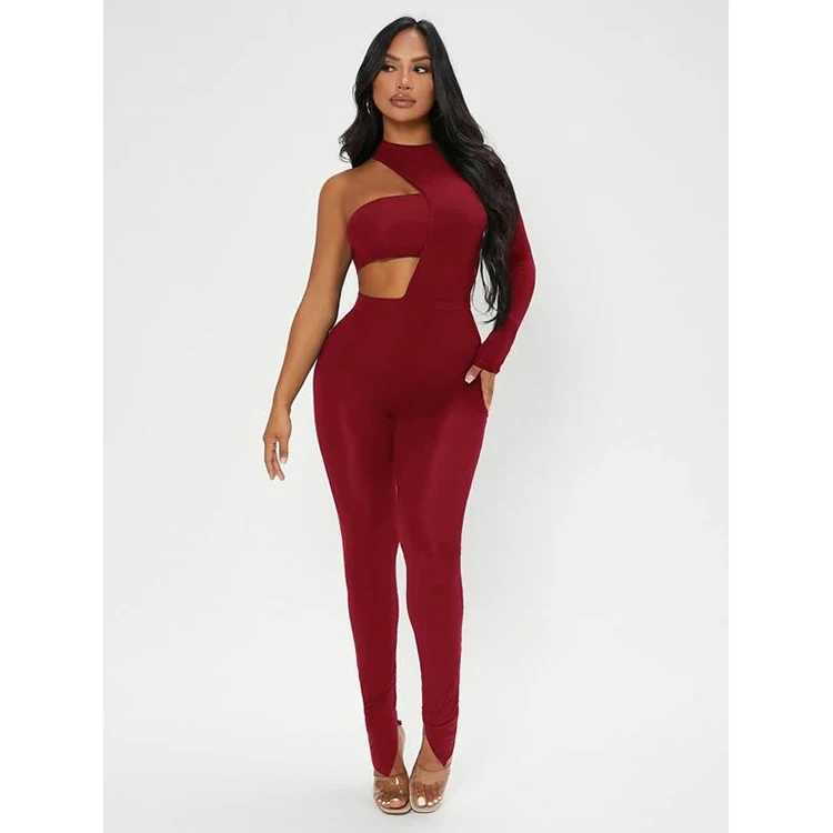 Sexy Hollow Out Mock Neck Bandage Cut Out Crop Red Tube Top Women Split Skinny Bodycon Jumpsuit