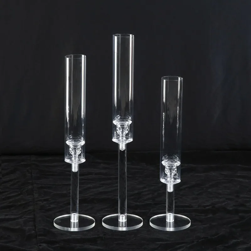 Wholesale 3 in 1 set Clear Table Stemmed Acrylic Tealight Candle Holders Long Stem  Acrylic Candle Holder
