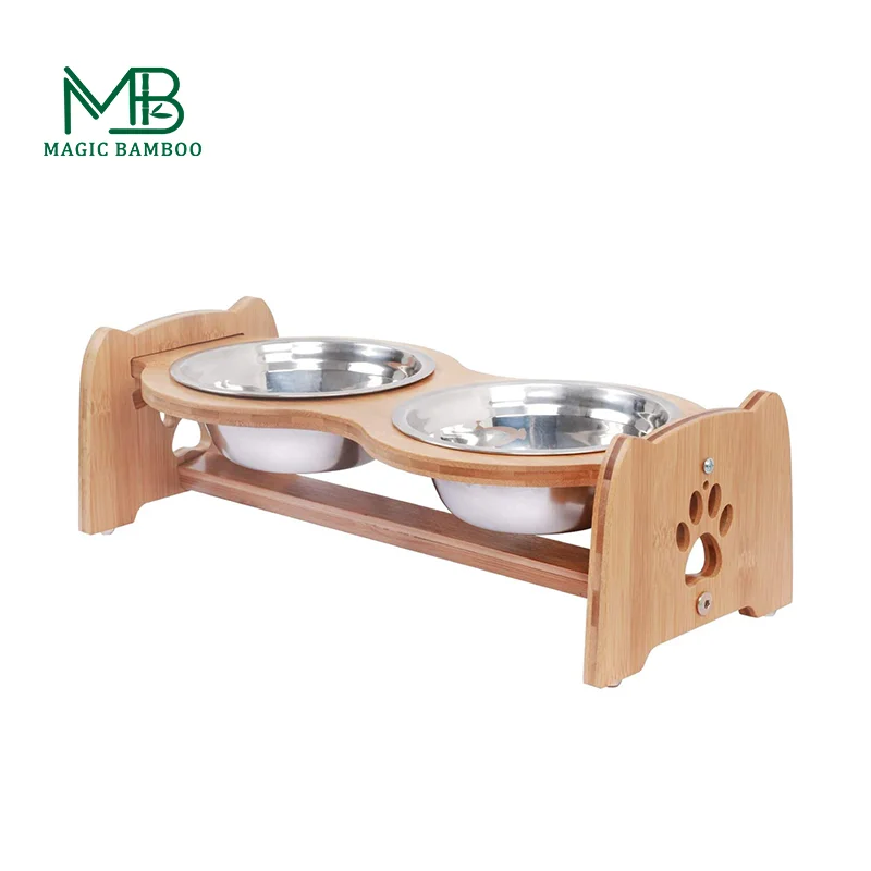 Custom Natural 2 Ceramic Bowl Bamboo Pet Feeder Dog Bowl