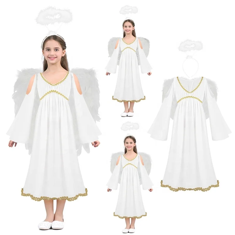 2-16 Kids Girls Long Sleeve Costume Dress With Angel Wings And Headband Sets For Halloween Cosplay Roleplay Performance Dress Up