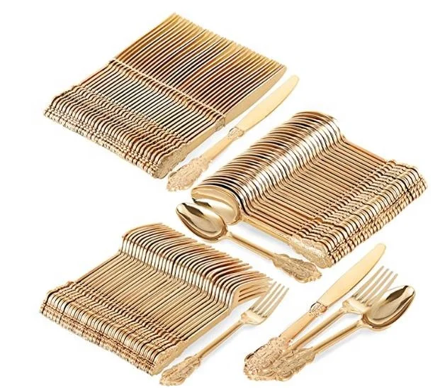 Gold Plastic Silverware Disposable Gold Rose Gold Forks Spoons and Knives, Elegant Plastic