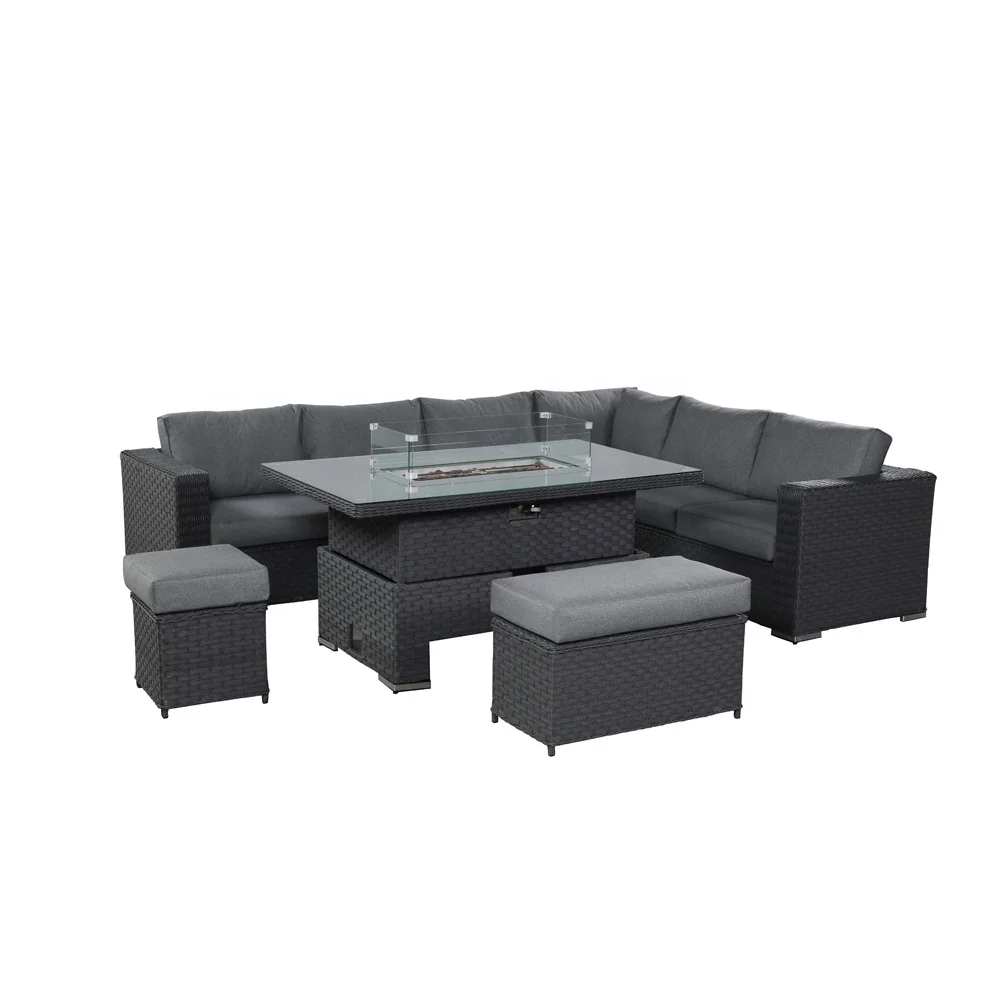 Rattan Garden Corner Sofa Rising Dining Table Set with Fire Pit in Grey or Natural
