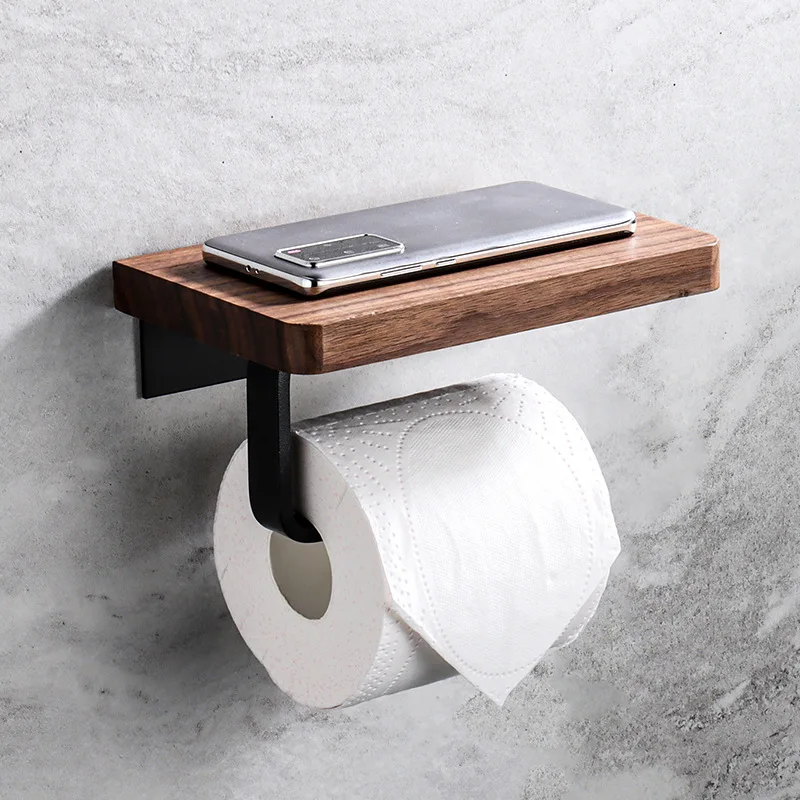 Self-adhesive Tissue Holder with Walnut Wood Phone Shelf Matte black Aluminum Rod Bathroom Toilet Paper Holder