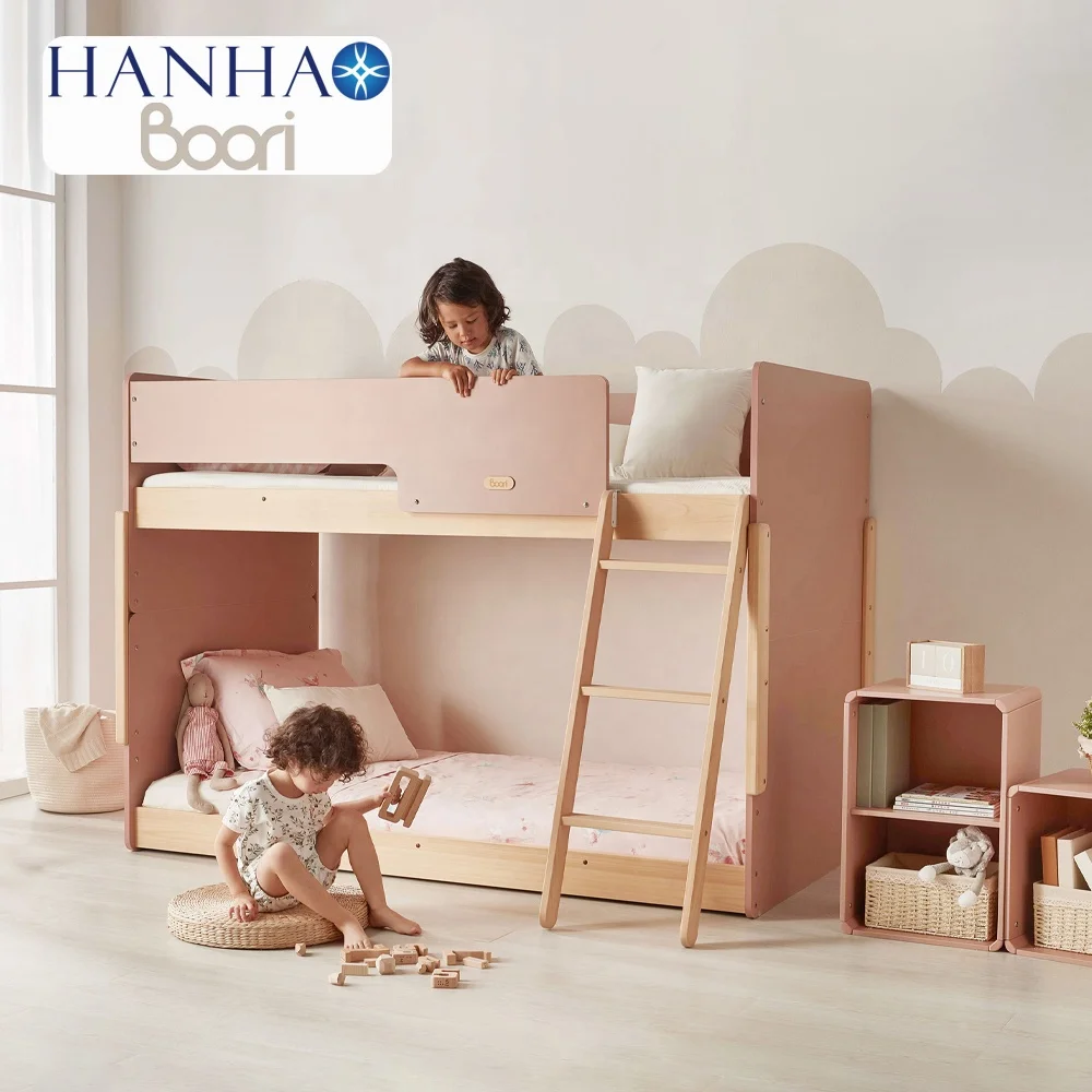 Only B2B Boori Bunk Bed Can Be Split into two Single Beds Pink Wooden Kids Bunk Bed with Slanted Ladder
