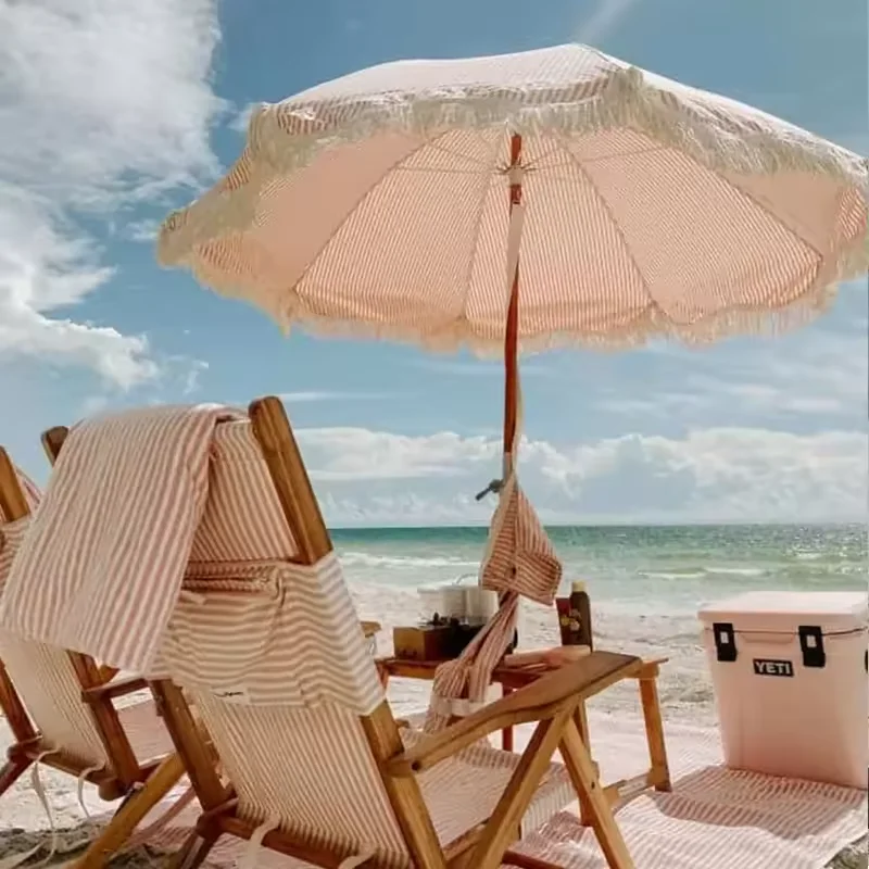 Glamping commercial modern outdoor beach umbrella parasol garden wooden cotton beach umbrella with tassels