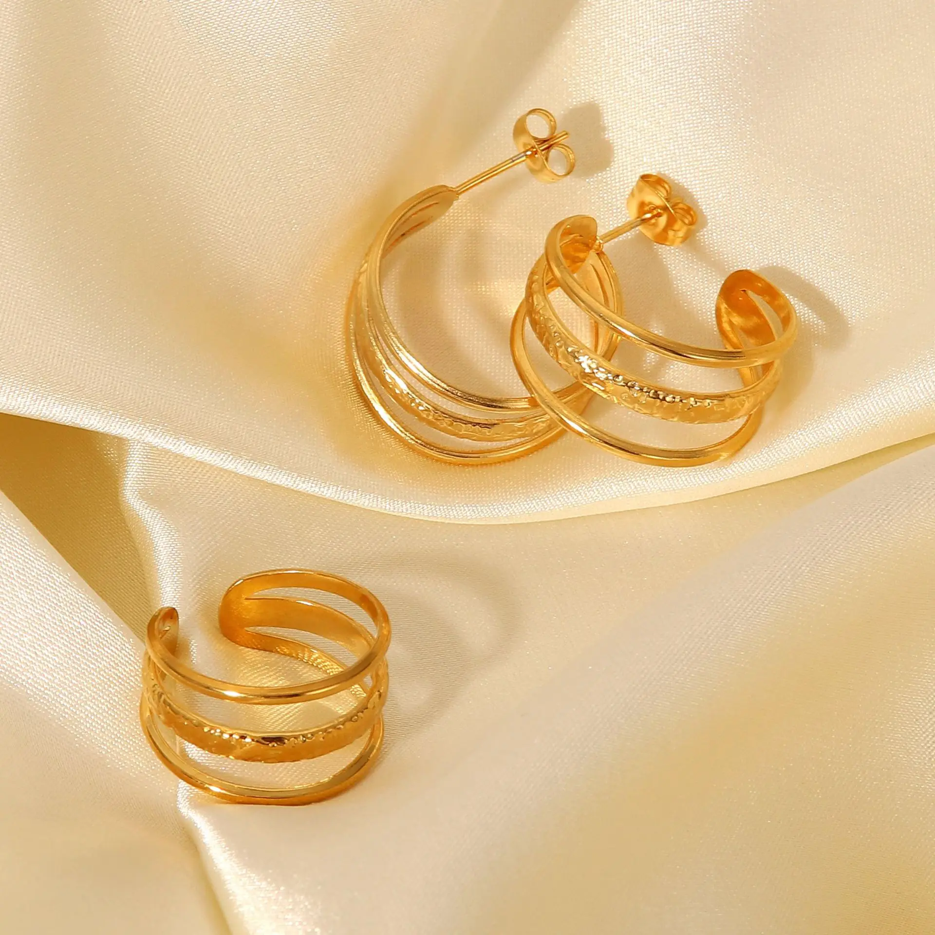 Minimalist Women Waterproof Jewelry Set PVD Gold Plated Stainless Steel Three Layer Circle Stud Earrings Open Rings