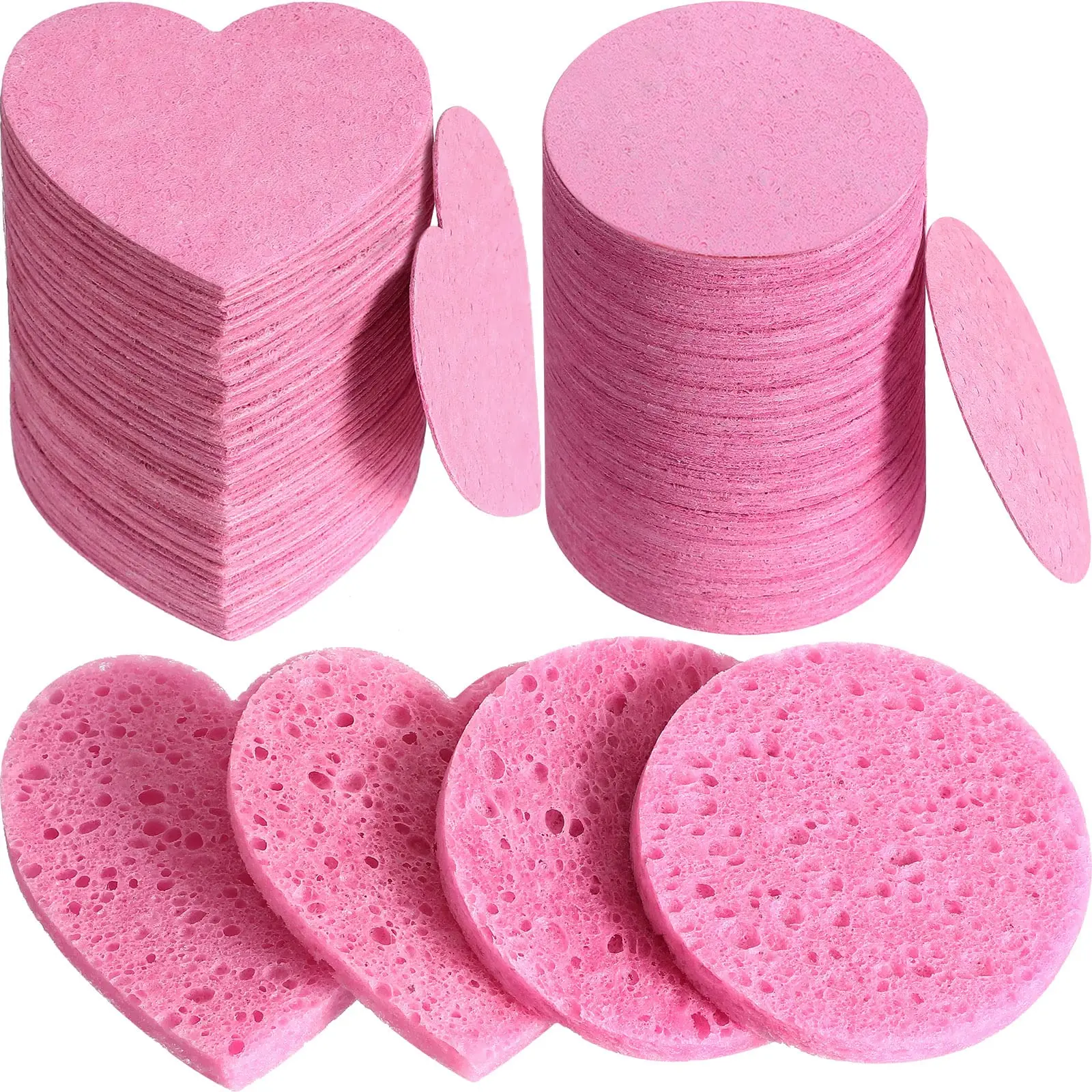 Natural Cellulose Compressed Facial Sponges Face Cleansing Exfoliating Facial Sponges Round and Heart Shape Spa Sponges