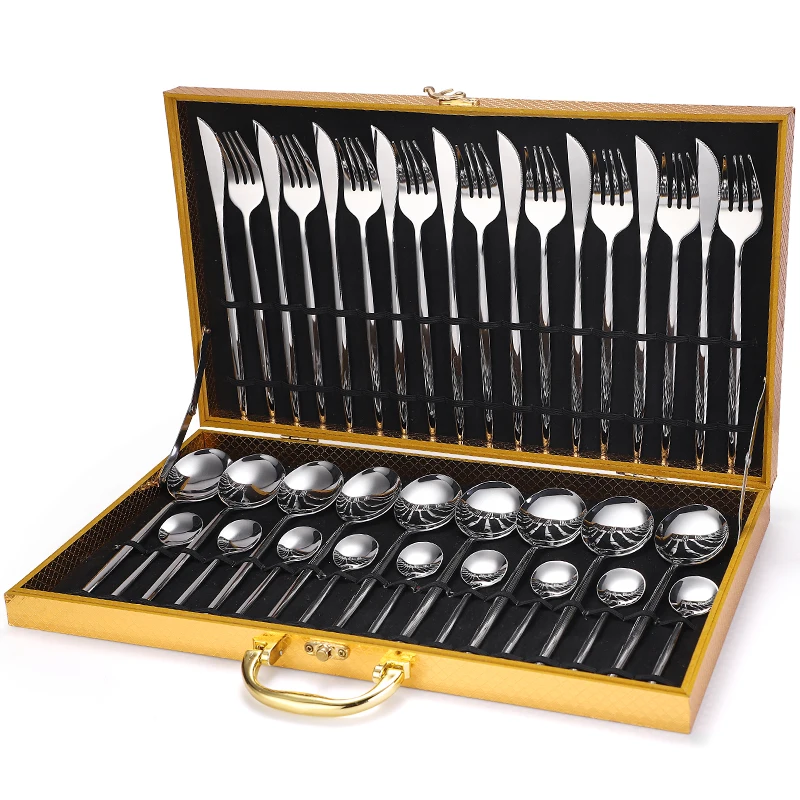 Wooden Box Spoon Fork Knife Besteck 36pcs Stainless Steel Flatware Cutlery Set