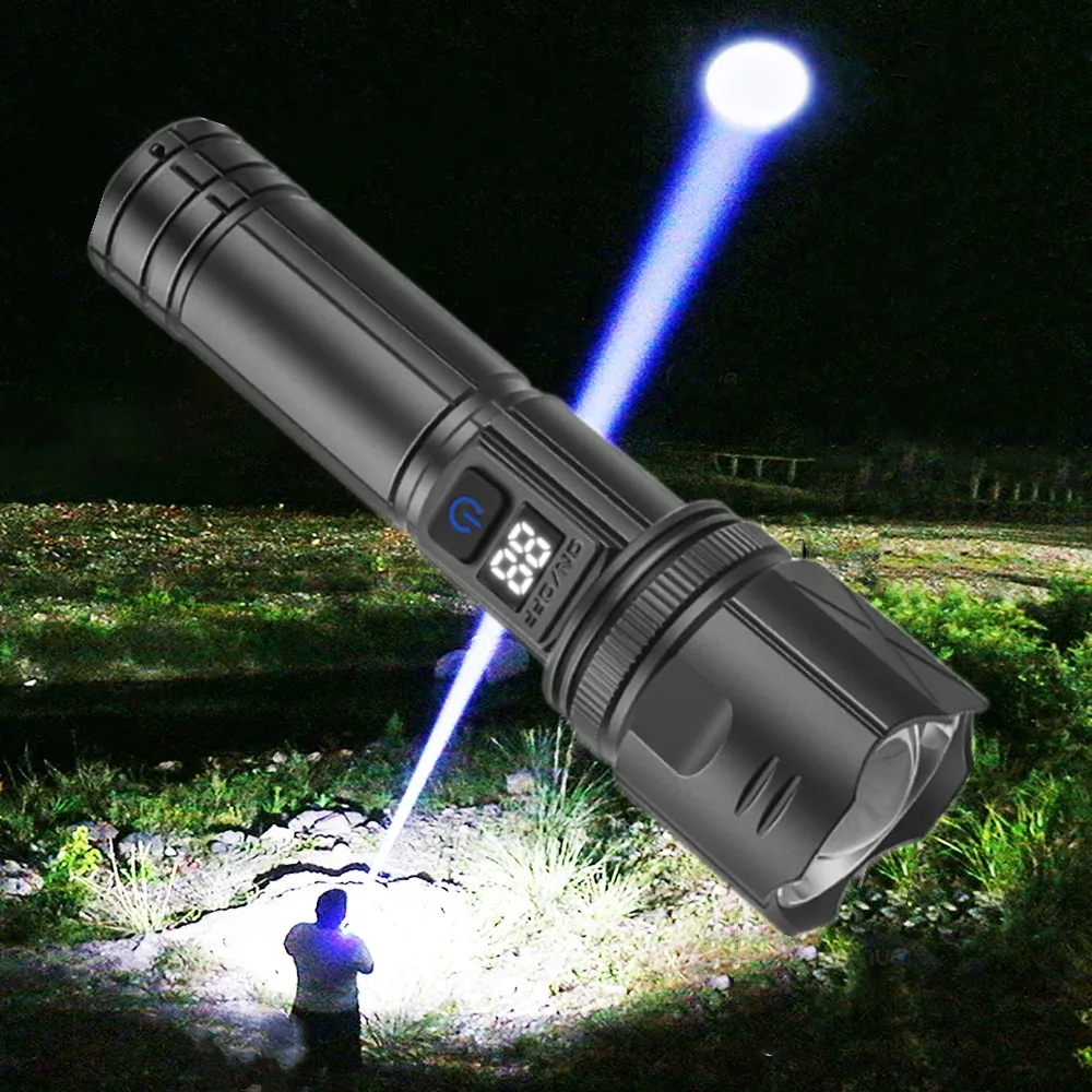800m Super Bright Long Range Flashlight with 30W LED Type C USB Charging 5 Modes Zoomable Outdoor Emergency Torch