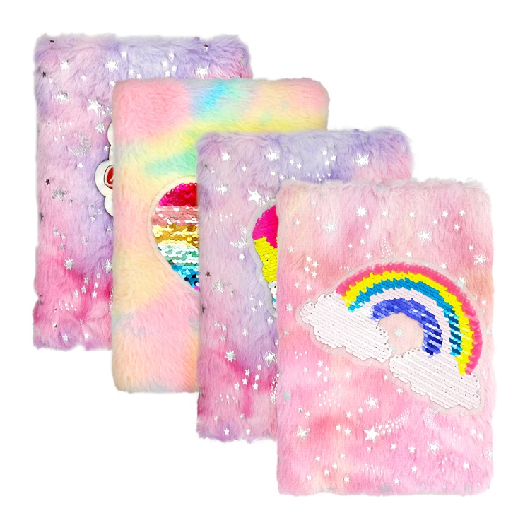 Wholesale A5 Journal Diary Colorful Rainbow Design Plush Notebook with Sequins Patch for kids