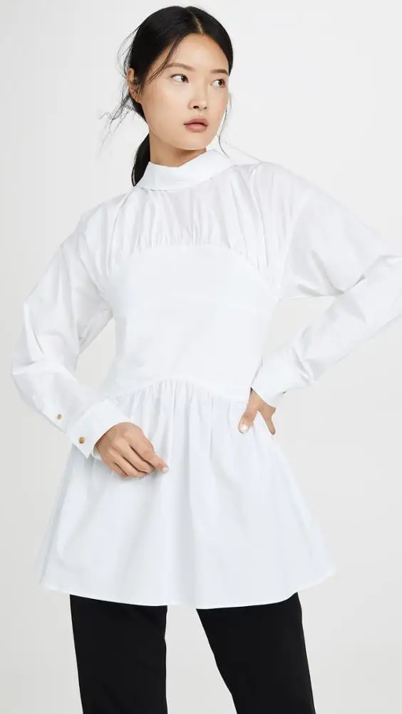 Casual fashion long sleeve white women blouse back buttons ruffles women shirt