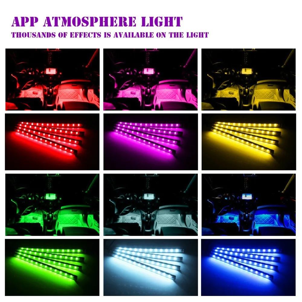 Многоцветные автомобильные салонные светильники 48 светодиодов 5050 RGB ленточный светильник водонепроницаемые комплекты освещения с беспроводным управлением музыкой