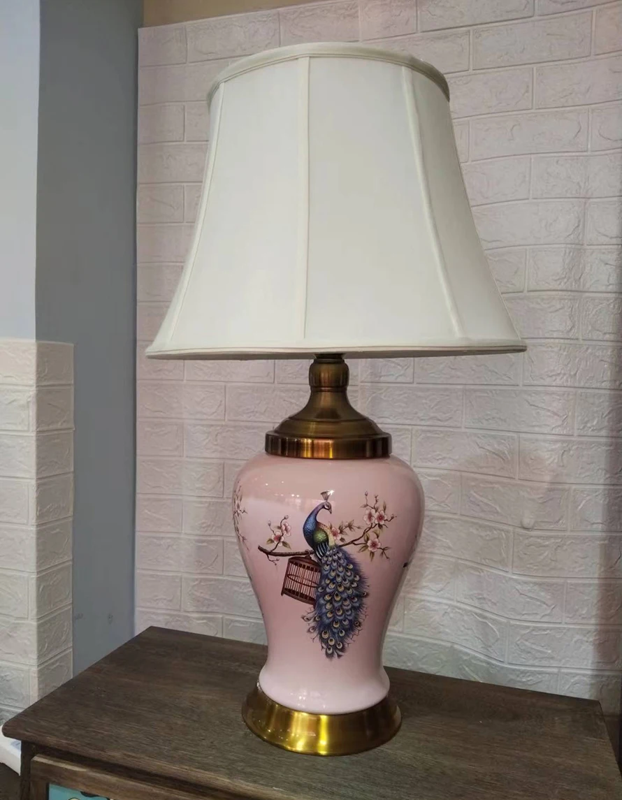 Pink traditional Chinese style exquisite ceramic table lamp with Peacock pattern suitable for bedside table with lampshade