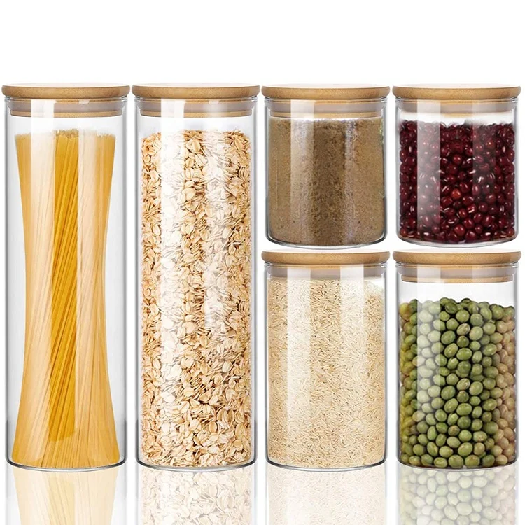
Набор стеклянных банок для хранения из боросиликатного бамбука, Кухонный Контейнер 