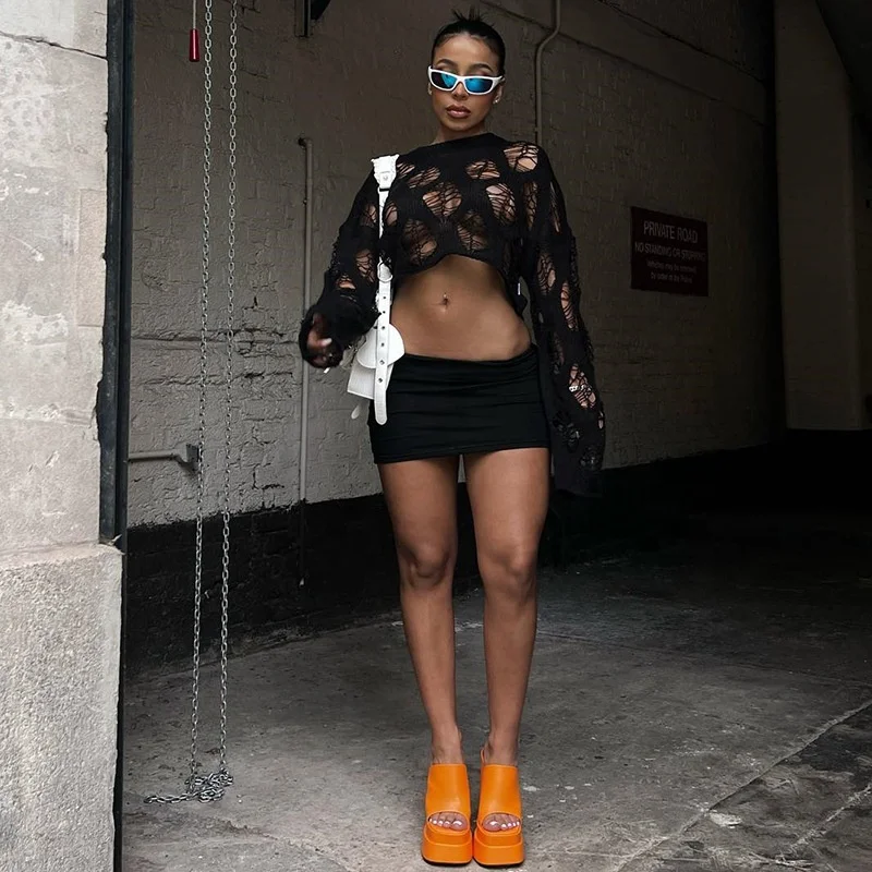 New Arrivals 2023 Long Sleeve Knit Sweater Top Women Hollow Out Knitted Crop Top Ladies Knitting Boutique Clothing