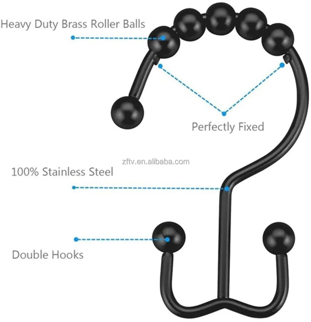 Shower Curtain Rings Hooks, Stainless Steel Rustproof Double Glide Shower Curtain Hooks for Bathroom Shower Rods Curtains
