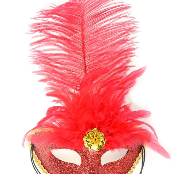 Venetian Costume Cosplay Plastic Mask Mardi Gras Mask Carnival Masquerade Red Ostrich Feather Party Mask for Halloween Supply