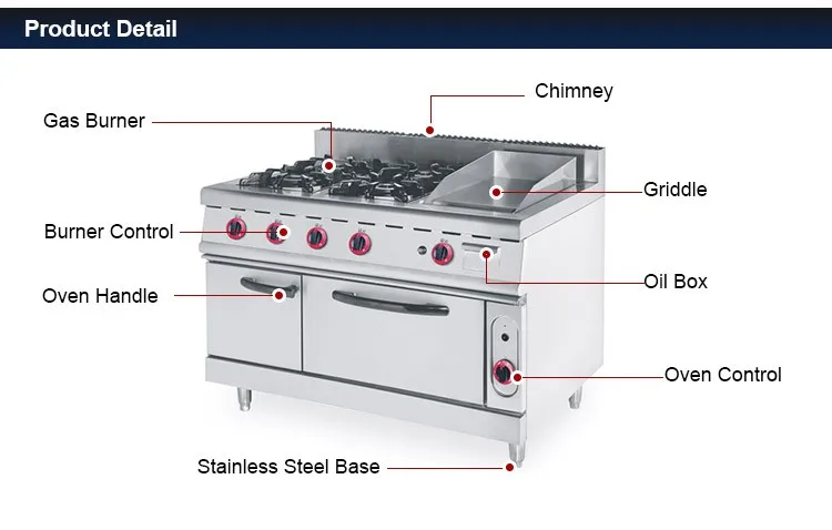 CE Approved Commercial Gas Ran Stainless Steel 4 Burner Griddle Electric Oven Free-Standing Household Outdoor Use Includes Grill