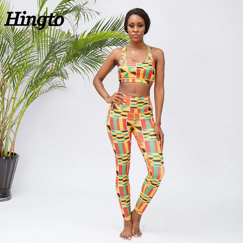 Hingto Sublimation Printed Gym Bra Yoga Leggings Plus Jewelry Africa Running Clothing Compression Sets Fitness Sport Wear