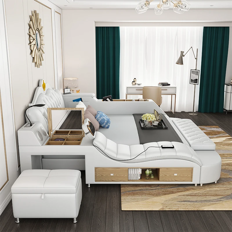 Luxury Leather Smart Bed Multifunctional Bed Tatami King Queen Platform Upholstered Fabric Soft Bed With Storage Music Speaker