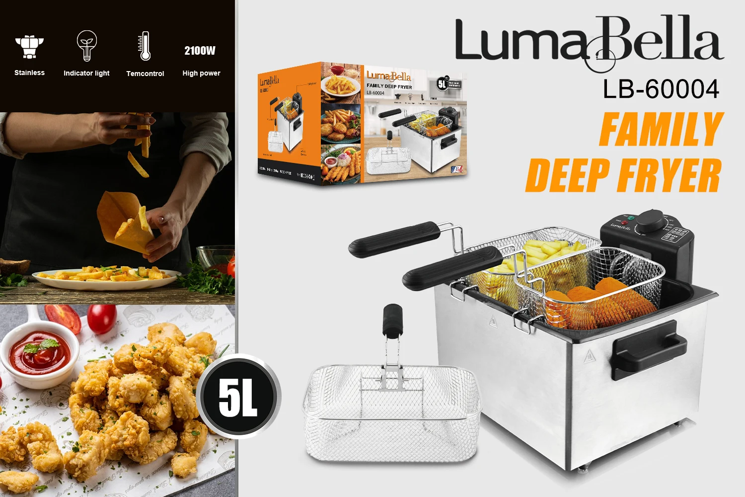 LumaBella deep frying pan household electric fryer commercial fryer french fries stand fry pan constant temperature LB-60004