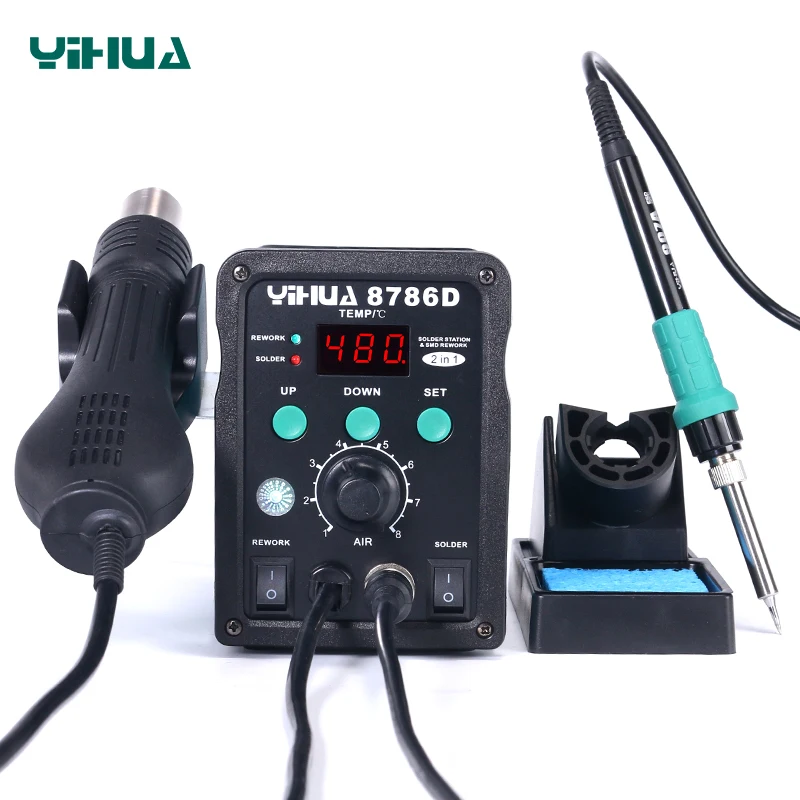 YIHUA 8786D SMD rework Soldering Station 740W 2 in 1 Digital Display Hot Air Gun Solder Iron