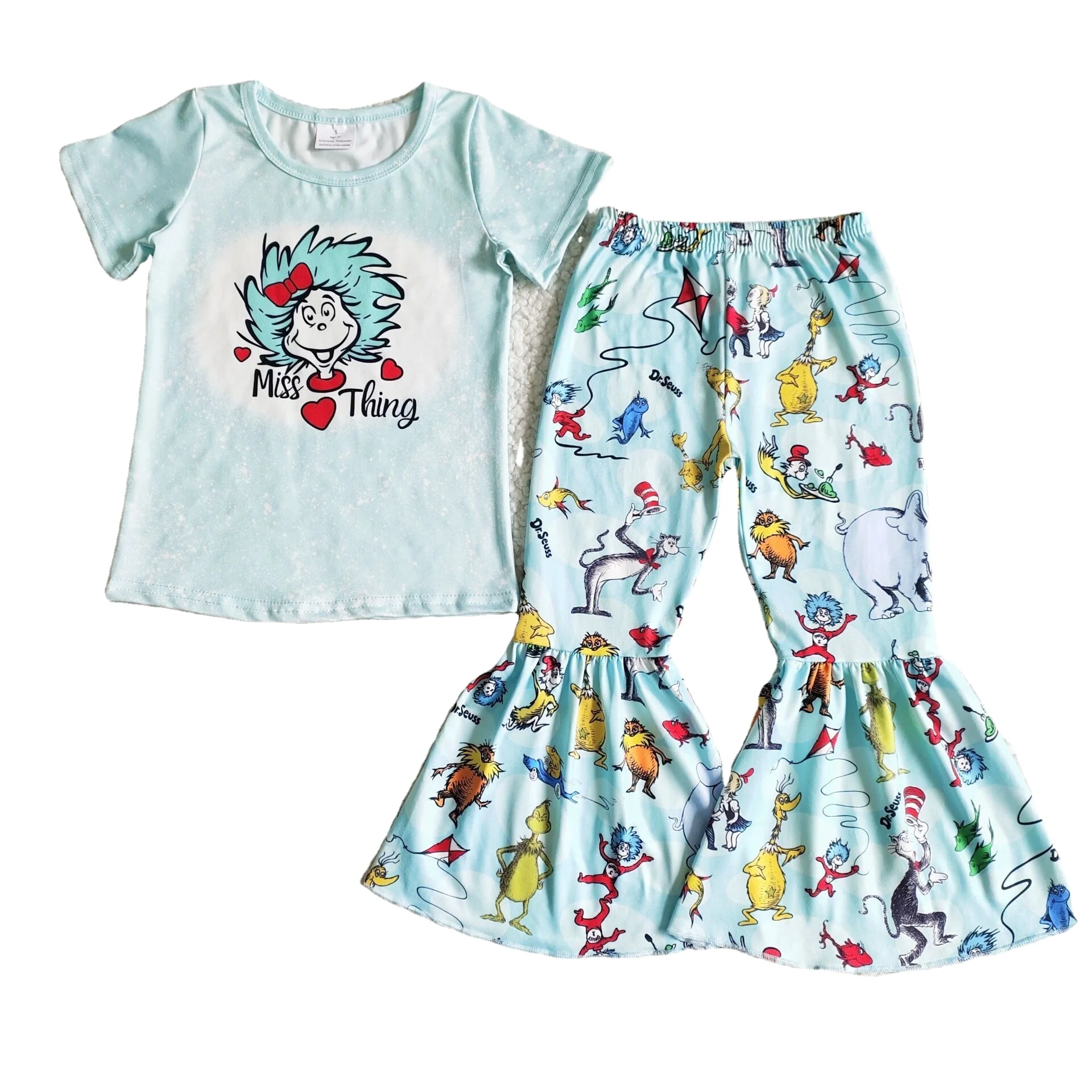 Wholesale Miss Thing Baby Girl New Clothes Blue Cat Shirt Bell Pants Boutique Infant Outfit Children Toddler Kid Spring Clothing
