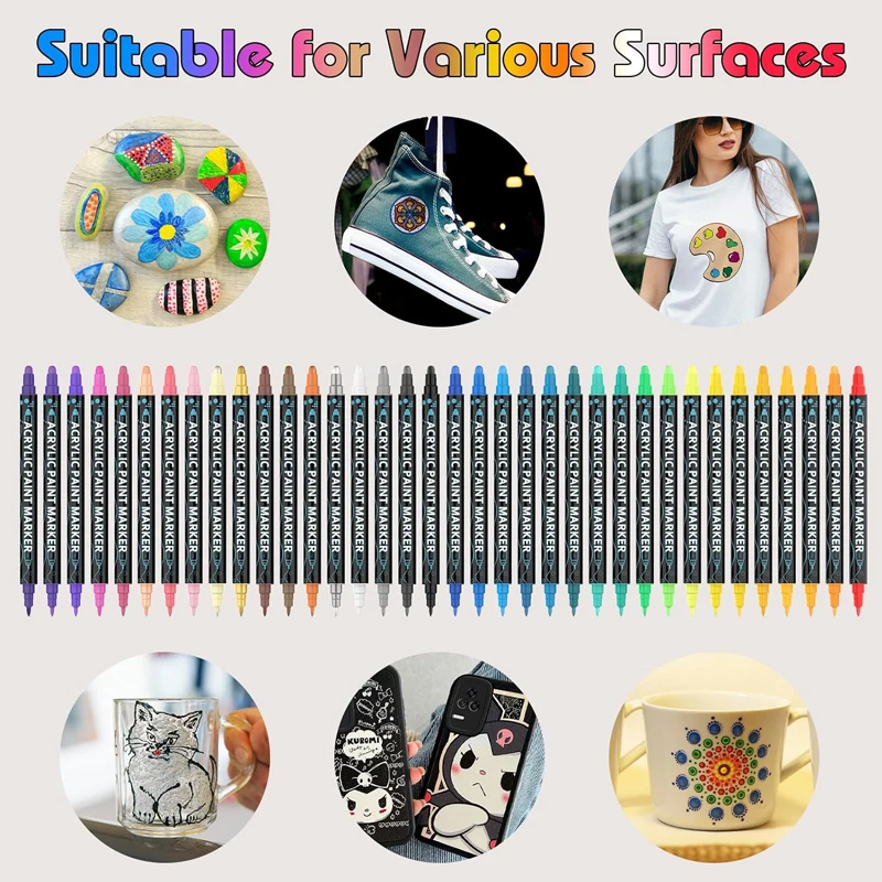 36 Color Dual Tip Brush Tip & Fine Tip Fade Resistant Art Acrylic Paint Markers for Multi-Surface Use Rock Canvas Glass & Wood