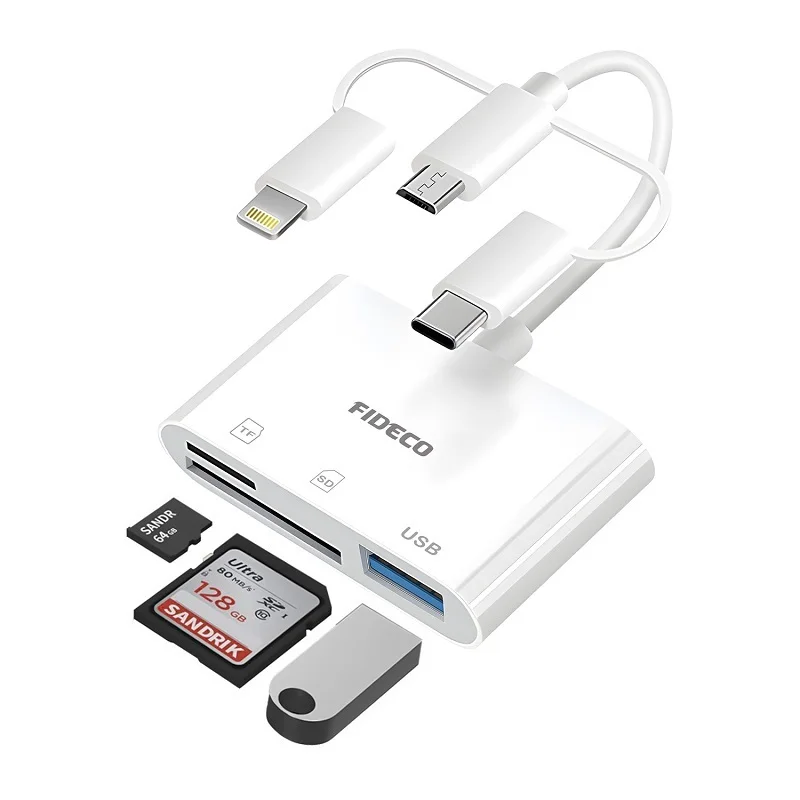FIDECO Plastic 3 in 1 USB 3.0 Type c Micro USB lighting Card Reader With SD TF Card Support USB Interface Card Reader
