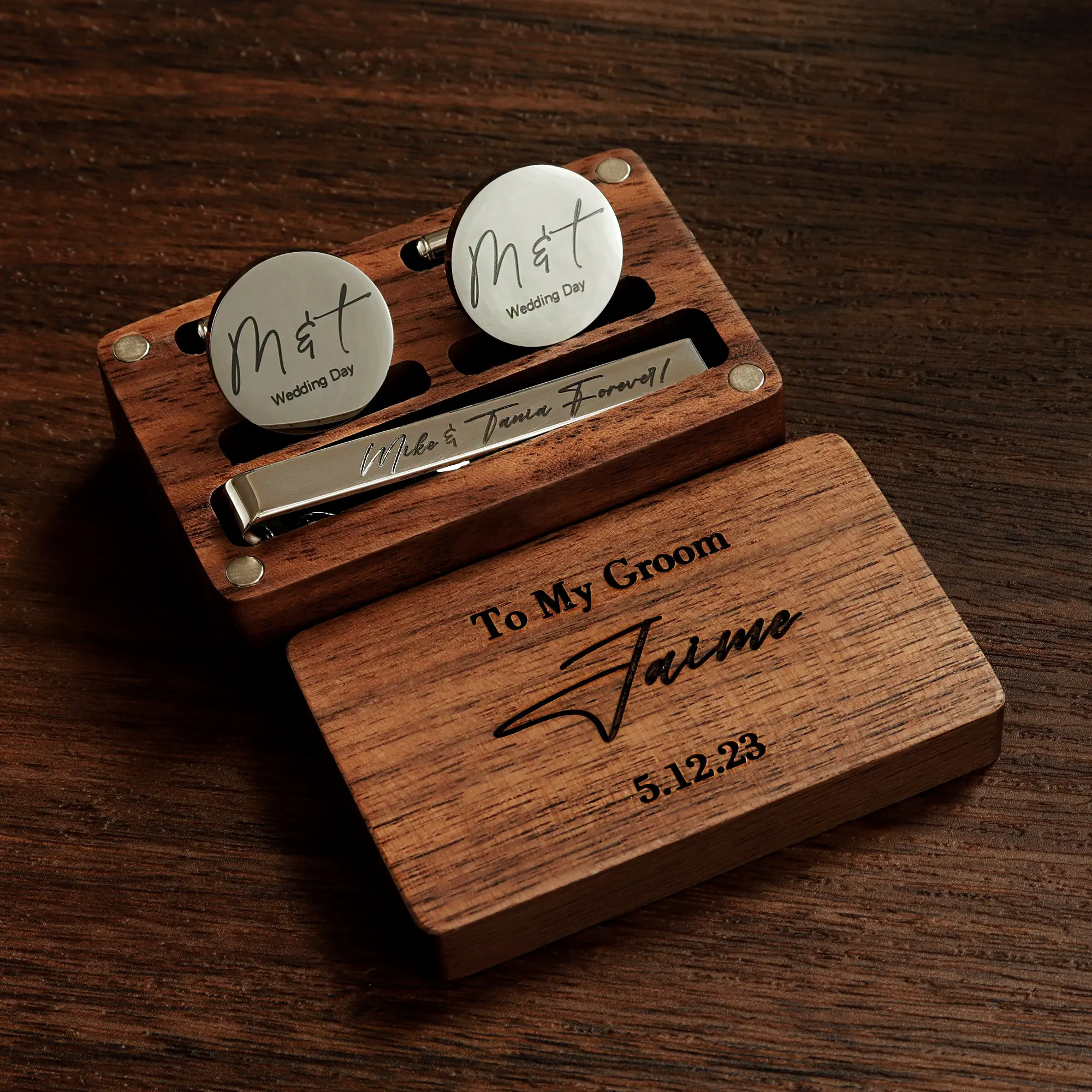 Personalized Name Cufflinks in Wooden Box Groomsmen Gifts and Bachelor Party Gift for Dad for Wedding or Engagement