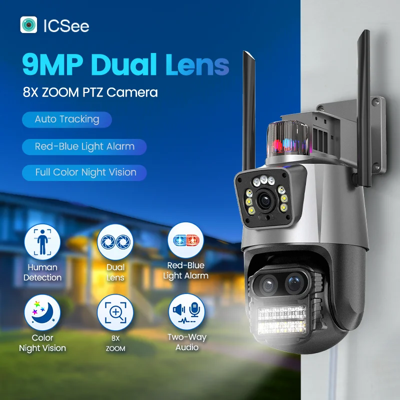 Dual-lens 8x optical zoom auto tracking linkage alarm wireless ptz dome camera color night vision wifi icsee ptz cctv camera