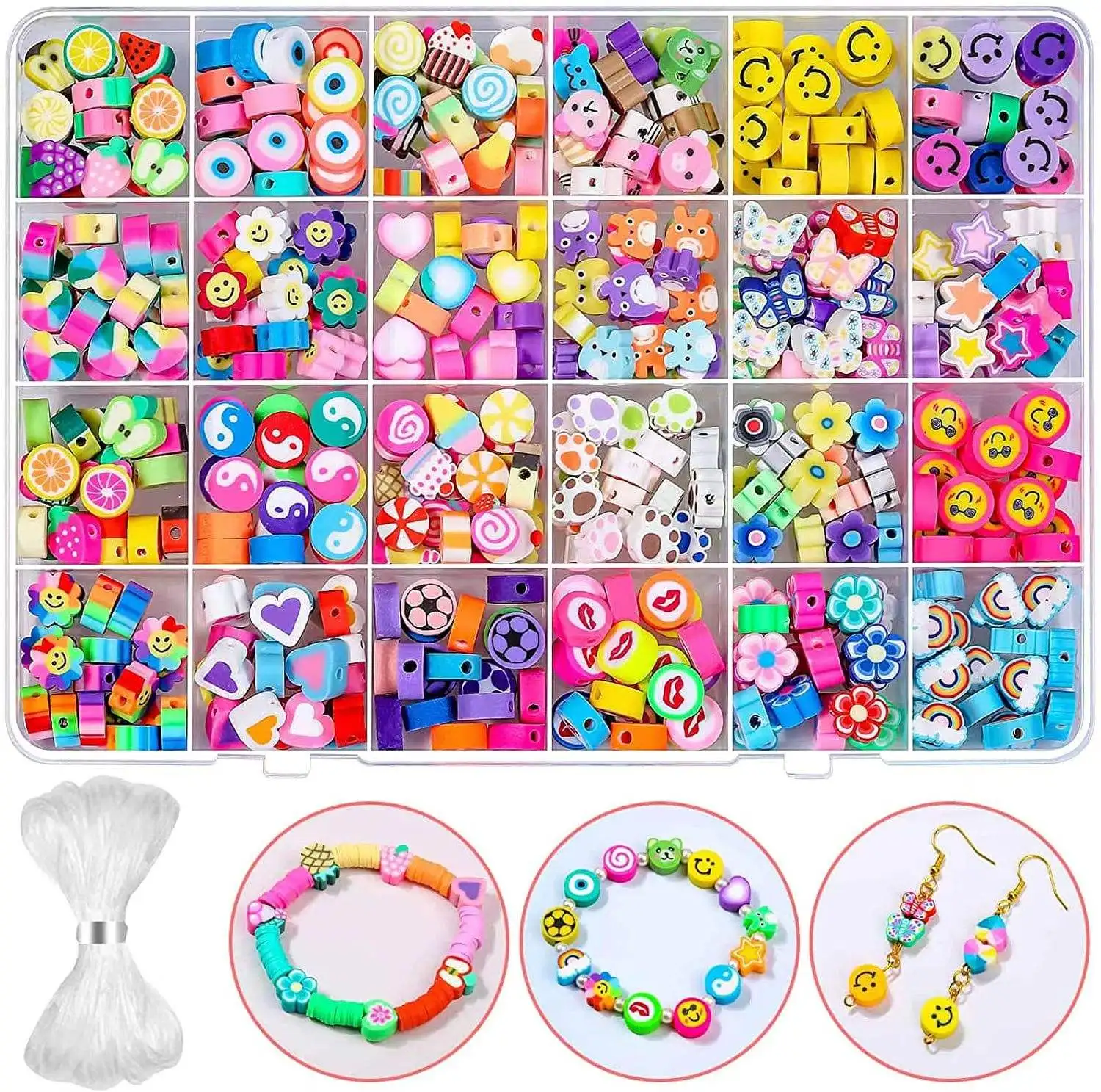 Wholesale 480pcs Fruit Animals Flower Polymer Clay Beads Elastic Crystal Line Jewelry Making Kit DIY Craft Kit For Kids