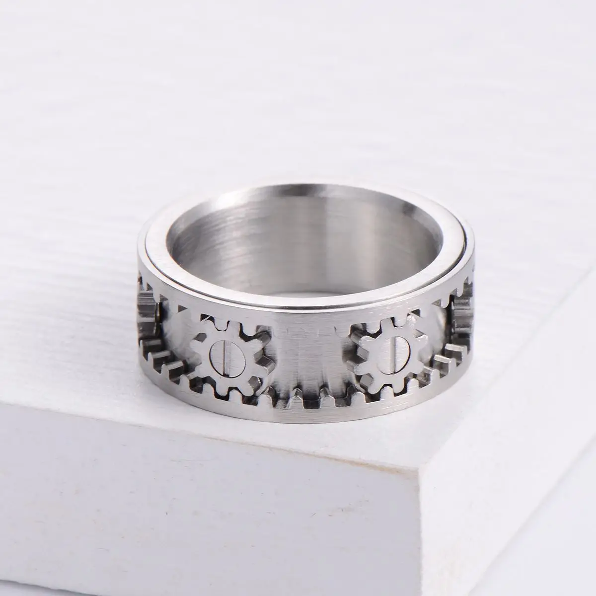Wholesale Design Jewelry Punk Smooth Plain Ring for Men Silver Plated 316L Stainless Steel Spin Gear Finger Ring