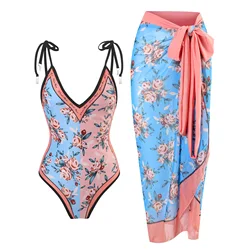 Wholesale Swimwear Vendor Bowknot Tie-shoulder Printed One Piece Swimsuit and Cover Up Boho Printed Bathing Suit 2023