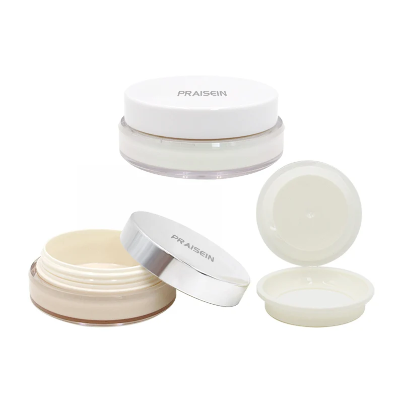 Factory wholesale round plastic loose powder container with sifter pearlescent pink cosmetic loose powder jar packaging