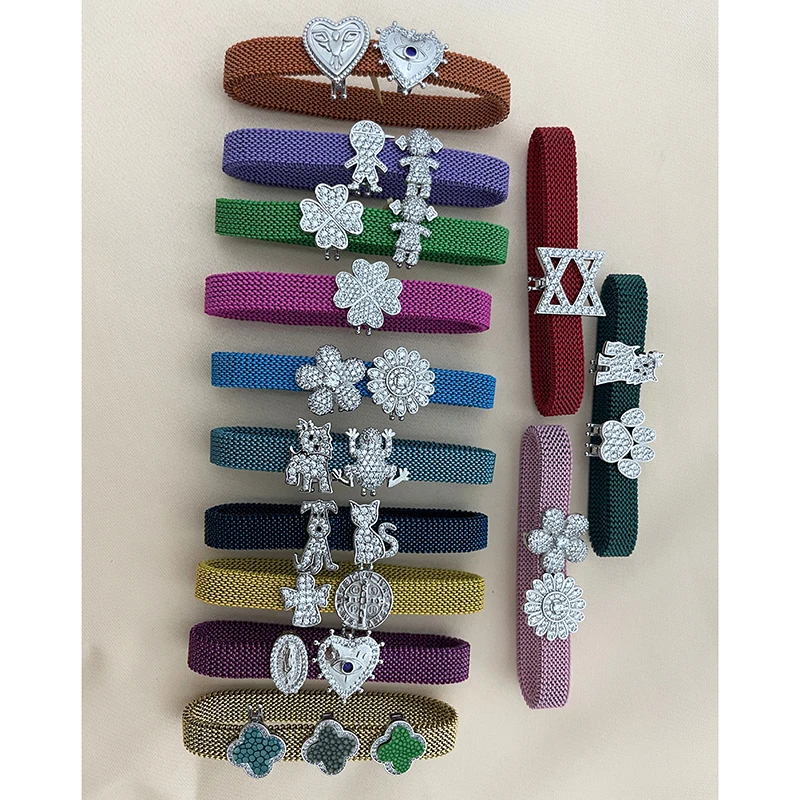 Stainless steel spring mesh bracelet with 925 sterling silver bead pendant charms inlaid coloful zircon stone wholesale charms