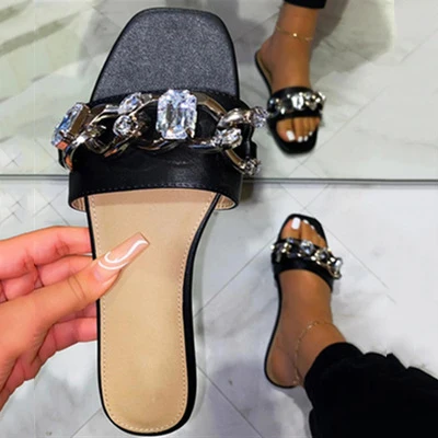 2021 Sandals for Women And Ladies New Design Shoes Lady Flat Slippers Summer Fashion Diamond Ladies Metal Chain Slide Sandal
