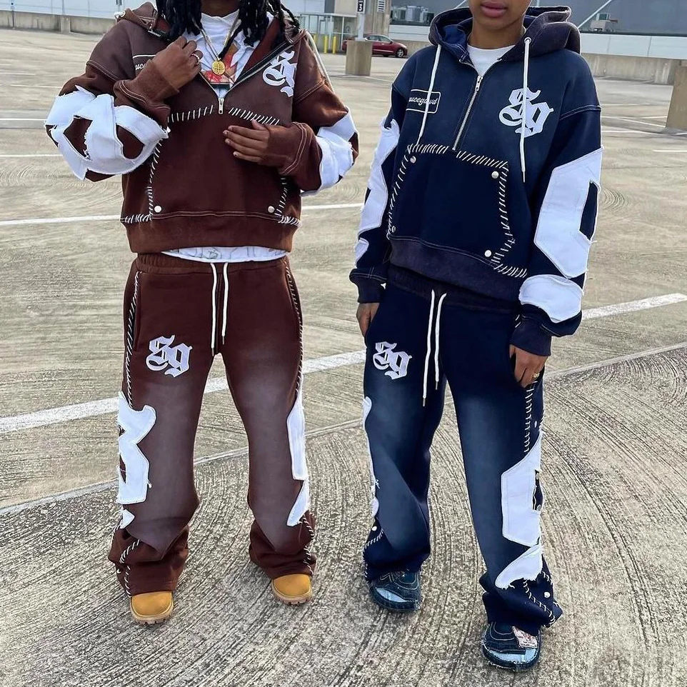 Heavyweight Vintage Flared Sweatpants Streetwear Jogging Distressed Embroidery Acid Wash Zip Up Hoodie And Jogger Set Tracksuit