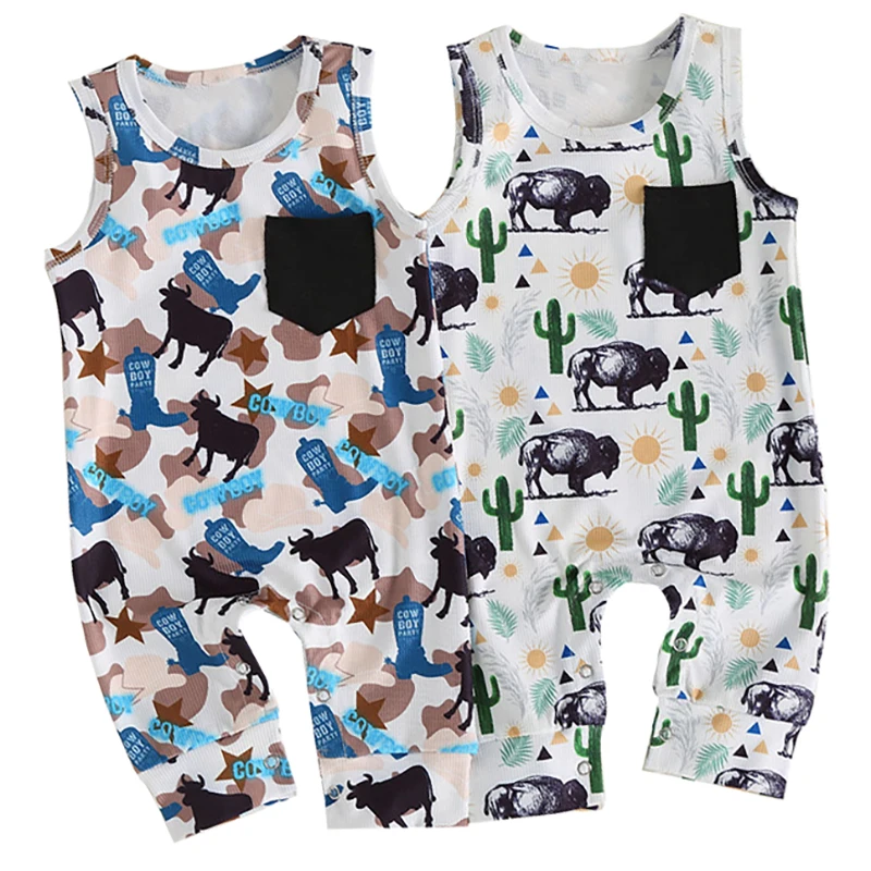 Ribbed Western Henley Jumpsuit Winter Boy Girl Long Sleeve Clothes Custom Animal Bubble Rompers Newborn Knit Baby Romper