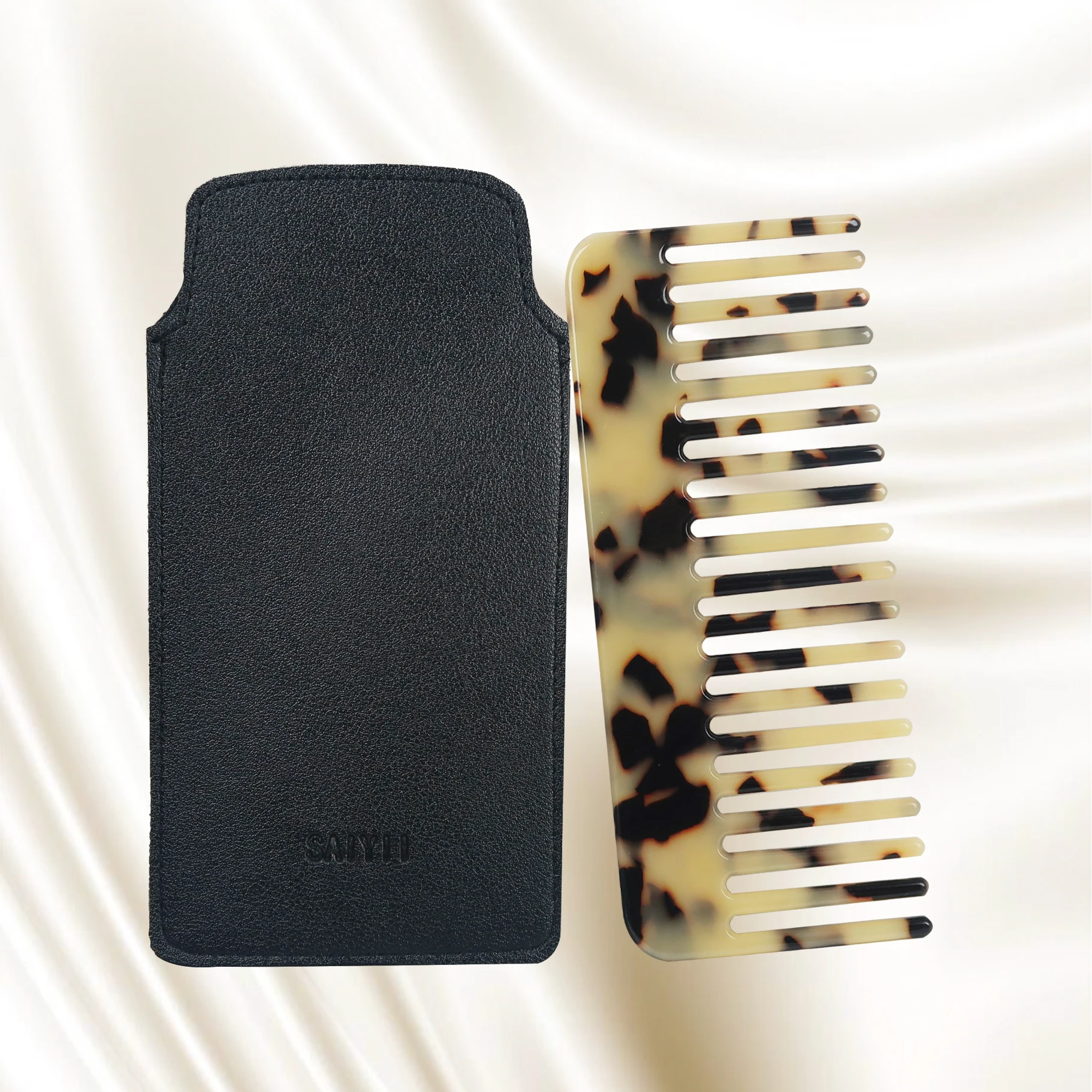 SAIYII Custom Logo 4mm Thickness Cellulose Acetate Hair Comb Wide Tooth Anti Static Acetate Women Hair Comb With Pouch