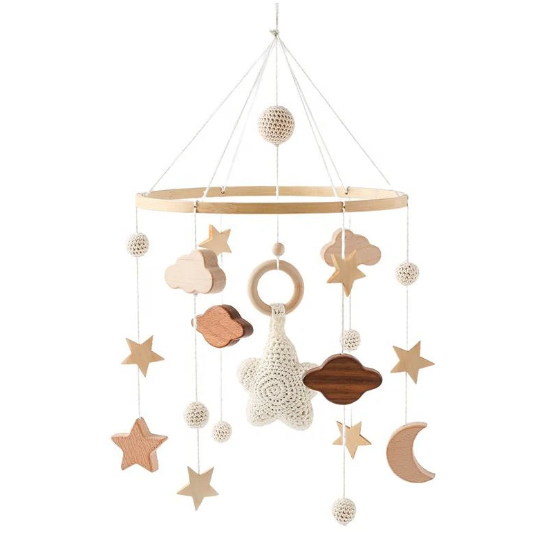 Mobile Wooden Star Baby Crib Mobile Toys, Baby Bed Bell Felt Handmade Hanging Toys Decoration for Crib