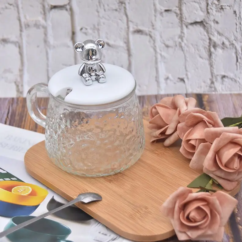 Coffee Mugs With Handle And Bear Lid High Quality Hammer Coffee Glass Cup With Spoon