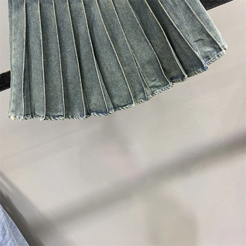 2024 Children Girl Blue Pleated Solid Denim Skirt 3-15 Years