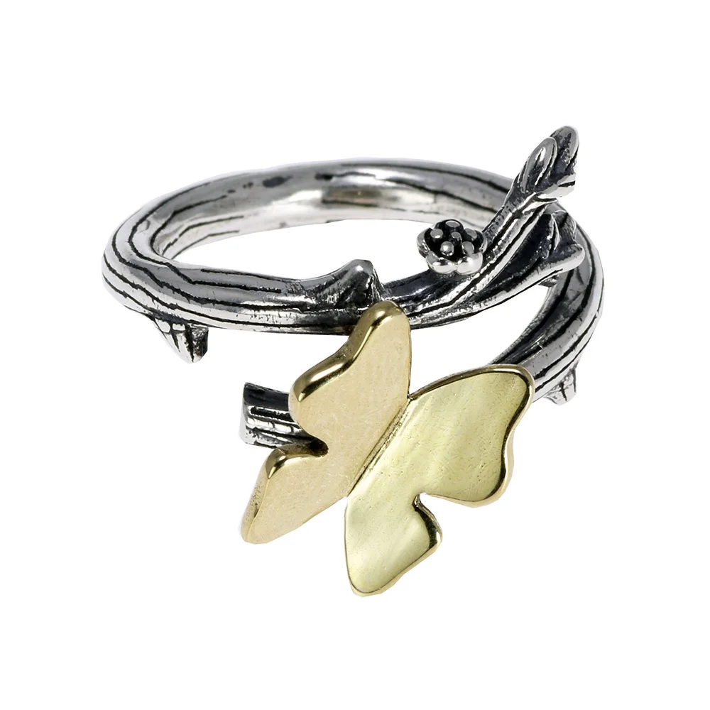 Real Pure 925 Sterling Silver Rings For Women Butterfly On Tree Branch Adjustable Rings Vintage Creative Jewelry Girls Lady