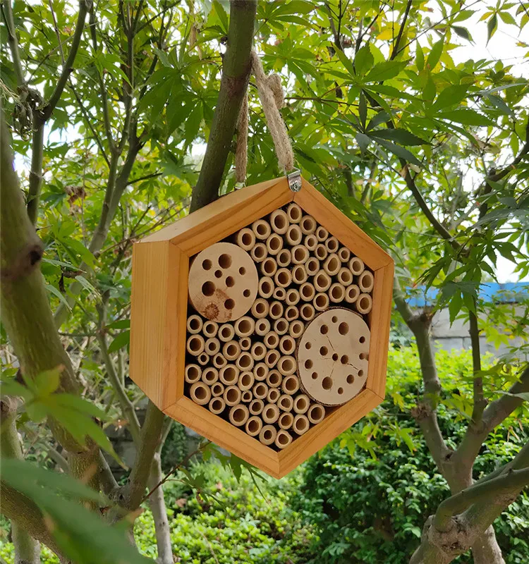 Hexagon Shape Wood Solitary Bee Hotel With Hook Bug Ladybird Garden Bee Keeping Nest House